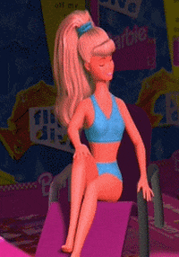 3D animated gif. Barbie from Toy Story lounges on a pink chair in a blue bikini, looking off like she's listening to someone who makes her crack up in laughter.