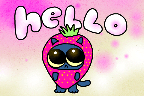 Kawaii gif. A cartoon kitten with big puppy-dog eyes, dressed as a strawberry, waves at us. Text, "hello."
