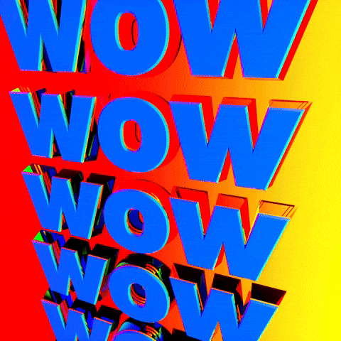Text gif. Spinning 3D renderings of the word "wow", moving vertically and repeating endlessly over a scrolling rainbow background.