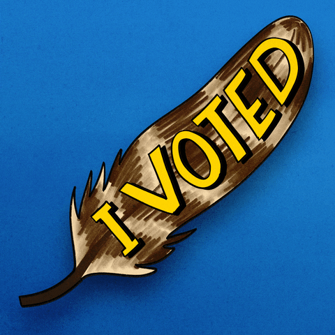 Digital art gif. Brown and tan feather dances back and forth over blue background. Text on the feather reads, “I Voted.”