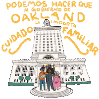 Digital art gif. Animation of a smiling family of color, cartoon hearts emanating from their heads, standing outside of Oakland City Hall. Text, "Podemos Hacer Que Al Gobierno de Oakland le Importa Cuidado Familiar."