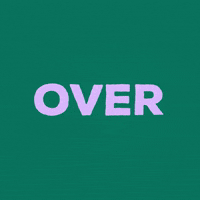 Text gif. On a dark green background, the lavender word "over" jumps and morphs into the orange word "this" before it morphs back into the word "over."