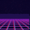 Text gif. Against an 80s laser grid background, faded neon text comes together from three directions to form the metallic text "Tuesday". Lightning strikes the text, it disappears, and we see a VHS style glitch effect.