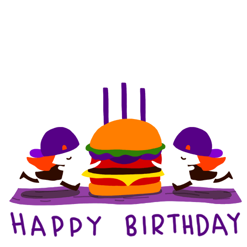 Sticker gif. 32-bit blue gift box with yellow polka dots and a pink bow shakes and bursts open, revealing balloons and a smiley face hanging on to a star that float out up and away.