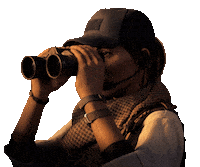 Sponsored sticker gif. Woman looks through a pair of binoculars before pulling them away from her face.