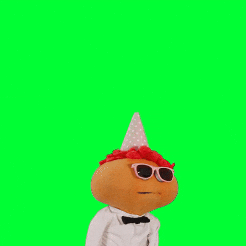 Video gif. Gerbert, an orange puppet, wearing a pink party hat, black bowtie, and pink sunglasses, tossing his head around and moving his mouth, stopping for emphasis against a neon green background. Text, "Happy birthday to you."