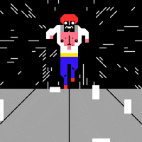 Digital art gif. A character dressed in a robotic suit is running straight towards us in a retro video game.