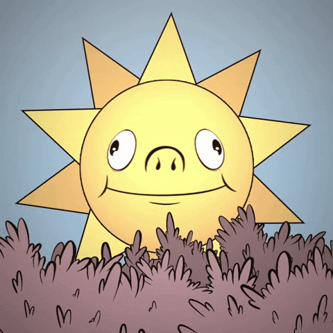 Digital illustration gif. Shining sun rotates at the center, showing us a goofy expression on one side and the text, "Good Morning" on the other side.
