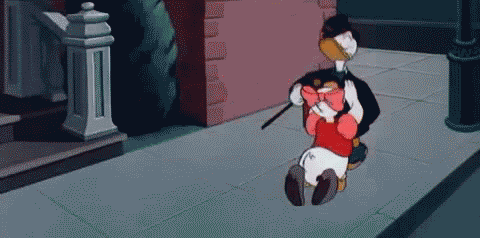 Cartoon gif. Donald Duck walks on the sidewalk in a fancy suit with a top hat and cane. He walks very entitled with his beak up turned. Daisy Duck clings to his arm, pleadingly, as she kneels on the ground. He keeps walking, ignoring her basically, and then throws a Reddit upvote button icon at her.