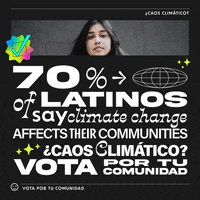 Text gif. White lettering on a black background stylized in varied fonts, blocky, stretched, curly, under rotating photos of young Latine people, all emphasized with doodles, glittery stars, and a rainbow checkmark. Text, "70% of Latinos say climate change affects their communities," and in Spanish, "Caos Climático. Vota por tu comunidad."