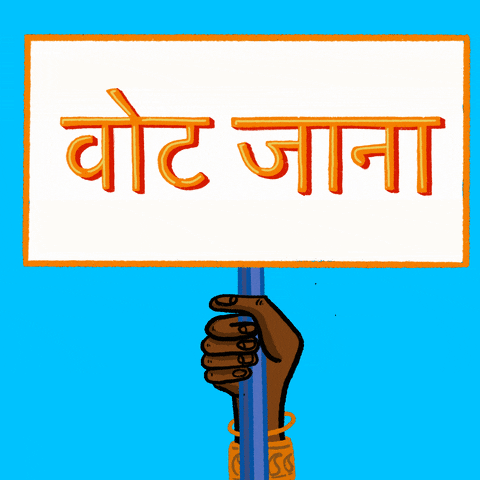 Digital art gif. Hand with dark skin wearing gold bracelets waves a sign up and down against a light blue background. The sign reads “Go Vote” in Hindi.