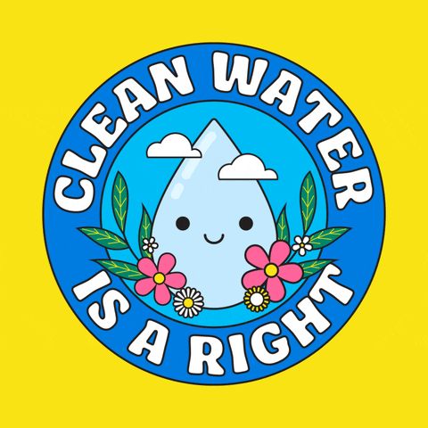 Digital art gif. Blue circle, inside of which is an illustration of a bouncing blue cartoon water droplet with a smiling face, surrounded by clouds, flowers, and leaves. Text around the outside of the circle reads, "Clean water is a right," all against a bright yellow background.