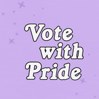 Digital art gif. Rainbow swoops in, glittering on a lavender background, groovy 3D letters front and center read, "Vote with pride."