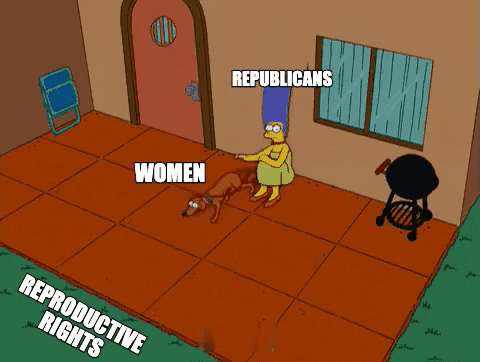 The Simpsons gif. Marge Simpson sits out front of her house, restraining her dog on a leash, who is trying to get to the grass. Marge is labeled "Republicans," the dog is labeled "women," and the grass is labeled "Reproductive rights."