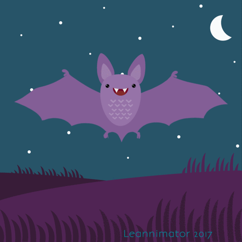 Illustrated gif. Lavender bat with a fanged smile flaps its wings and twitches it ears beneath a night sky.