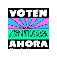 Digital art gif. Hand with a filled ballot rising from the a hole in the ground in harmony with the colorful sunrise. Text, "Voten ahora con anticipación."