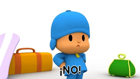 Cartoon gif. Looking mad, Pocoyo shakes his head, then crosses his arms in opposition. Text, “No!”