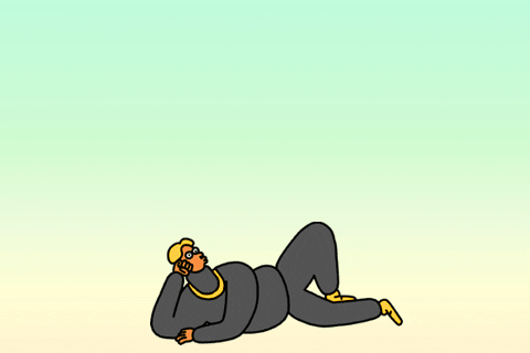 Cartoon gif. A cartoon person lounges on their side and points up as balloonish letters appear above them. Text, "Nah."