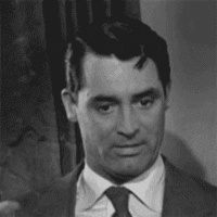 Movie gif. Cary Grant as Mortimer Brewster in Arsenic and Old Lace appears shocked, looking left, right, up, and down.