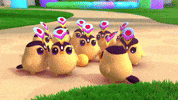 Cartoon gif. A flock of baby Hino Tari birds from True and the Rainbow Kingdom are gathered together and then they face us, as one flies toward us with a kissy face.