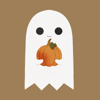 Digital art gif. Cute cartoon ghost with large eyes and a small smile holds a pumpkin, floating up and down.
