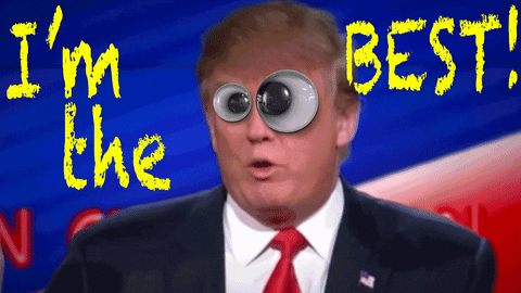 Political gif. Donald Trump has googly eyes on him and he looks ridiculous as he talks and waves his arms. Text, "I'm the best!"