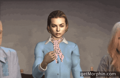 Cartoon gif. Margot Robbie in a blue shirt and pink scarf stares at us with a serious, yet blank expression while she throws gold confetti into the air.