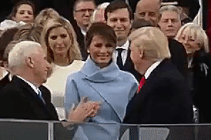 Political gif. Donald Trump faces Melania Trump as she smiles warmly. He turns his back to her and her smile drops into a look of disdain.