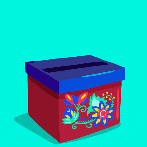 Illustrated gif. Hand inserting a ballot into a ballot box stylized with Scandinavian folk art on a cyan background. Text, "Sko-vote-den."