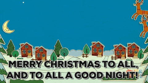 Illustrated gif. Santa waves as his sleigh and eight reindeer float across the sky above cutouts of a village below. Text, "Merry Christmas to all and to all a good night!"