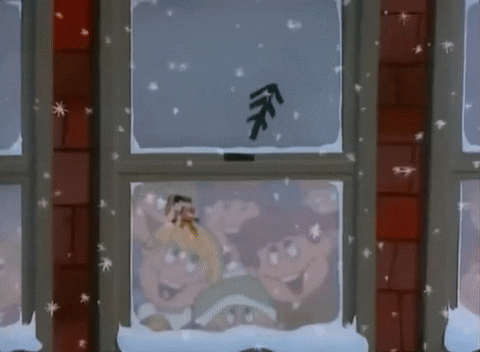 Cartoon gif. Inside of a building, children in Frosty the Snowman crowd excitedly around windows, wiping away condensation to look out at snowflakes falling.