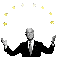 Photo gif. Black and white photo of President Biden smiling and holding his arms out over a transparent background. Below eight spinning gold stars reads the message, “Cut greenhouse gasses by 40% by 2030.”