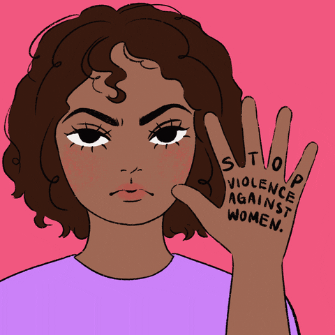 Digital art gif. Woman with short curly hair against a pink background blinks somberly at us, raising a hand in front of her face that reads, “Stop violence against women.”