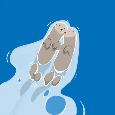 Digital art gif. Two otters are floating in the sea and they snuggle close to one another as they float on their backs.