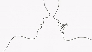 Music video gif. From Niall Horan's "This Town" video, animated line drawing of two faces approaching to kiss in the middle; when their lips touch musical notes swirl around, and their outlines dissolve into a single line.