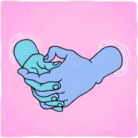 Illustrated gif. Blue and green folded hands on a pink background, twiddling thumbs.