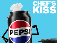 Sponsored gif. Can of Pepsi wearing a chef’s hat and standing next to a grill blows a kiss. Text reads, “Chef’s kiss.”