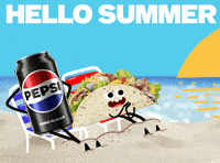 Sponsored gif. Can of Pepsi and a filled pita pocket relax on lounge chairs at the beach with their feet in the sand. Text reads, “Hello summer.”