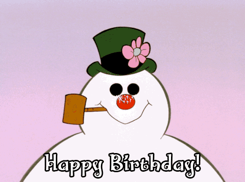 Cartoon gif. Frosty the Snowman smiles with a corncob pipe and says "happy birthday."