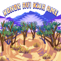 Illustrated gif. Joshua trees cluster together in the desert beneath mountains patterned with shades of purple. Text on a white blue background, "Honor Avi Kwa Ame."