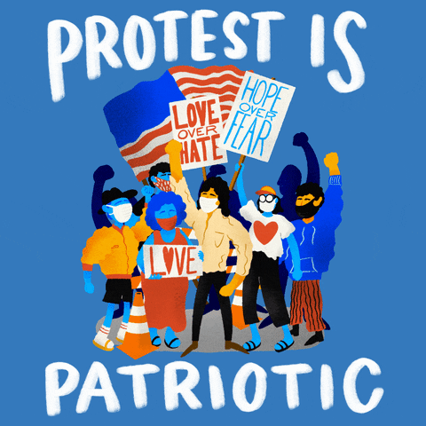Digital art gif. Group of diverse people wearing face masks pump their fists and hold protest signs and American flags in the air over a blue background. The signs read, “Love over hate, “Hate over fear,” and “Love.” Caption, “Protest is patriotic.”