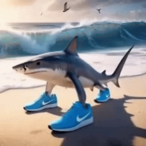 A shark with legs on land wearing sneakers and boxing gloves