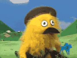Video gif. Camera zooms into the shocked faces of three different colorful puppets holding guns.