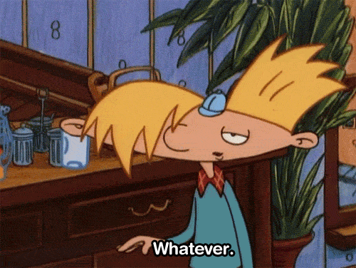 Cartoon gif. Arnold Shortman from Hey Arnold! flips hair covering his eye out of his face nonchalantly and says “Whatever.”