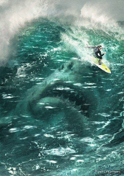 Pipercreations Nature Surreal Shark Man Surfing Water Ocean Sea Wake Wave Surfboard GIF