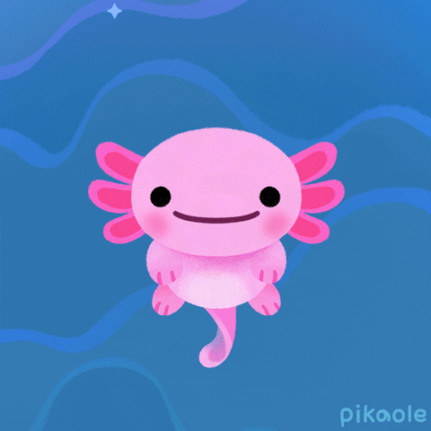 Digital illustration gif. Pink axolotl bobs up and down in the water, wagging its tail and opening and closing its mouth as hearts float up above it. 