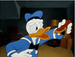 Disney gif. Donald Duck holds an empty wallet in his hand and then looks at it with a sad expression on his face as he shakes it upside down. 