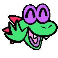 Sticker gif. Green lizard with purple eyes and red scales grins at us with its eyes closed and waves its paw.
