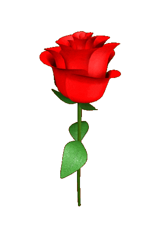 Sticker gif. 3D rendering of a long-stemmed red rose, turning around and around on its axis.