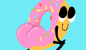Digital art gif. Pink frosted donut with rainbow sprinkles has a face, legs, and arms. It squats and twerks with two shiny, pink butt cheeks. It has a cute, innocent face.